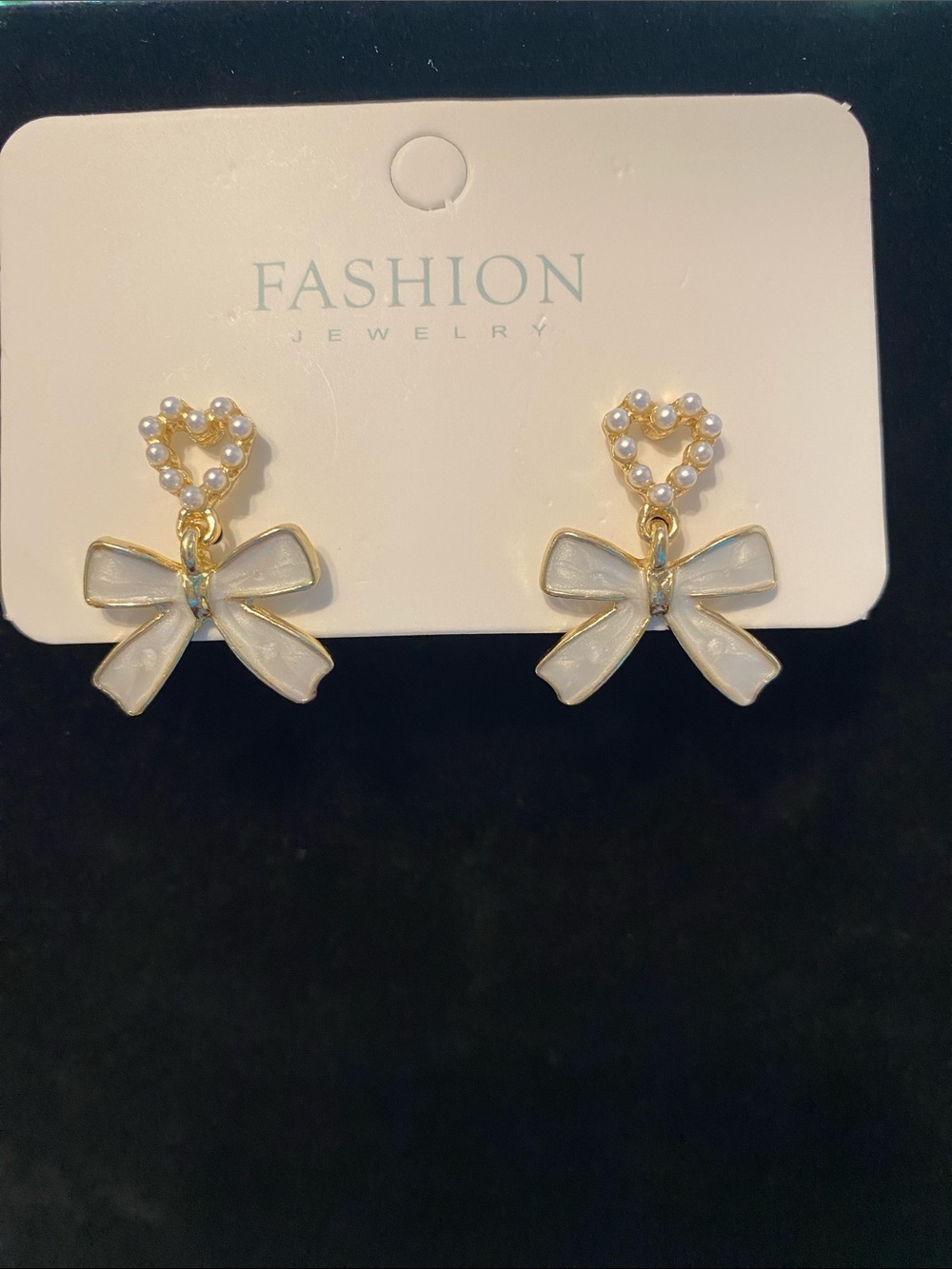 Fashion Jewelry Gold-Tone White Bow & Pearl Heart Dangle Earrings